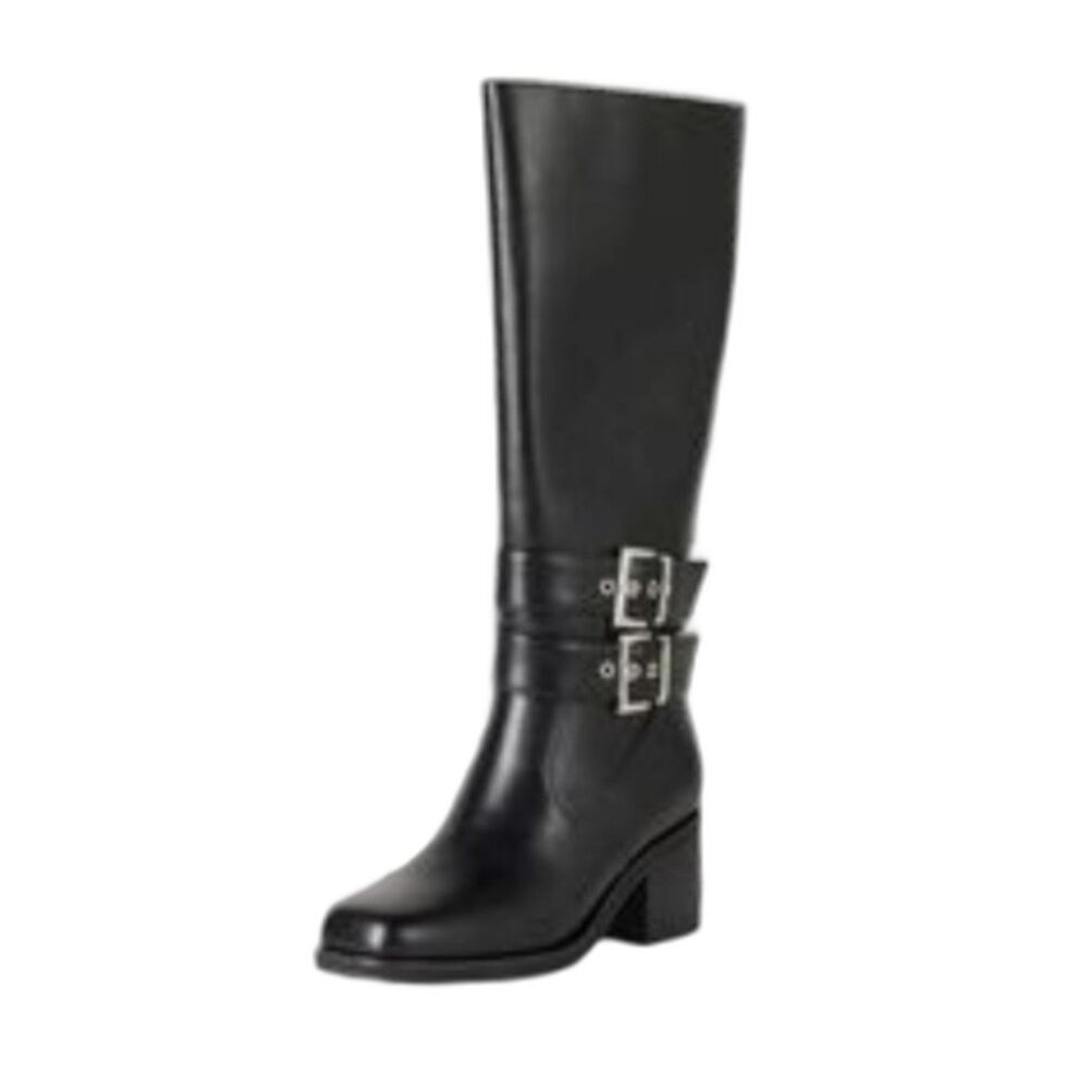 The Drop Sage Tall Biker Boot with Buckles Size 8 Black Knee High Fall New